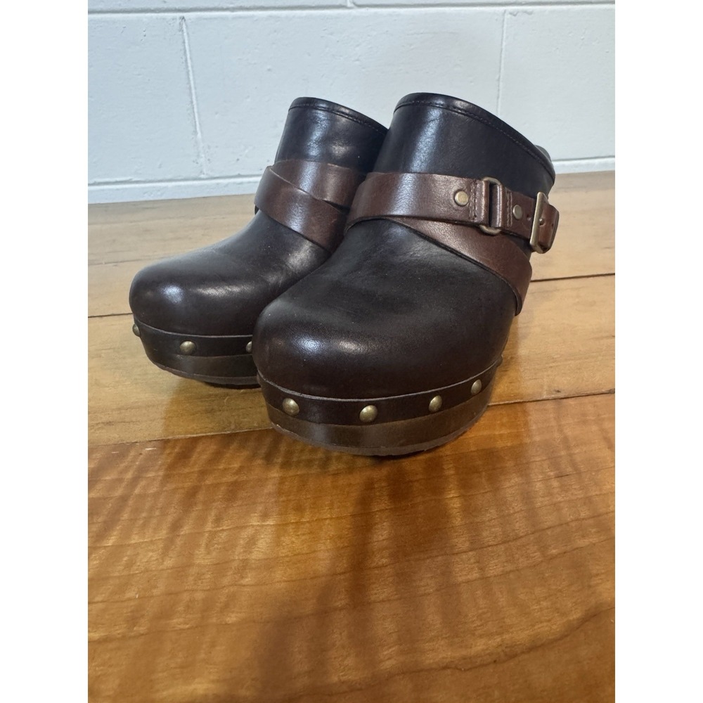 UGG Women's Dark Brown Leather Studded Buckle Wedge Clog Mule Size 7